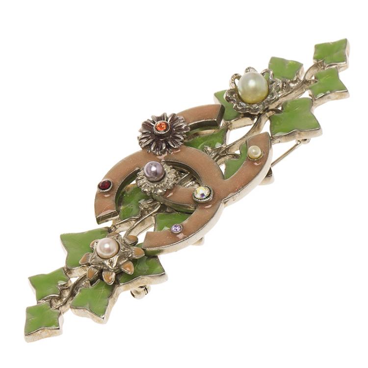 Chanel CC Ivy Leaves Enamel Faux Pearl Crystals Silver Tone Brooch