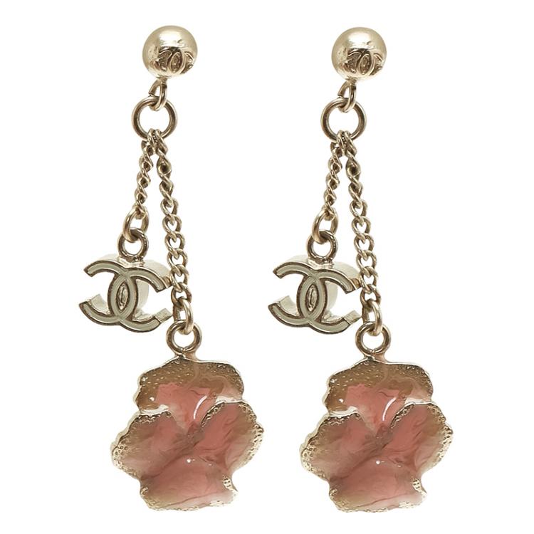 Chanel CC Camellia Flower Pink Enamel Gold Tone Drop Earrings