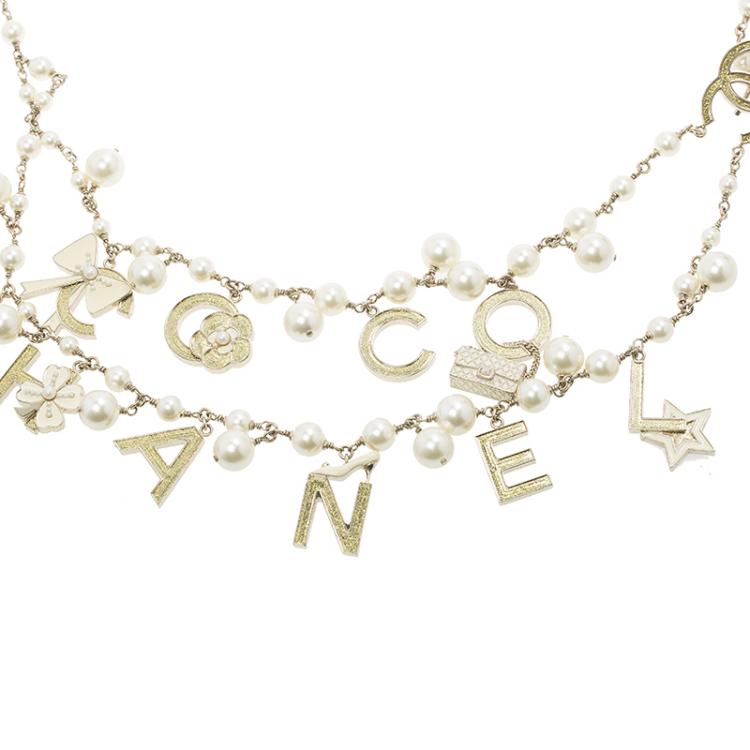 Chanel CC Coco Chanel Enamel Charms Faux Pearl Gold Tone Necklace