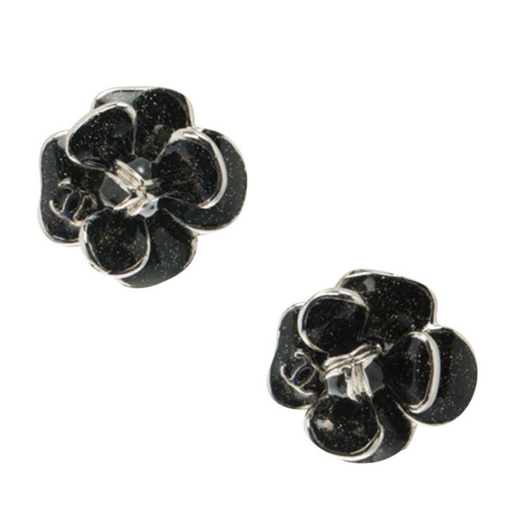 Chanel CC Black Enamel Silver Tone Edged Camellia Clip-on Stud