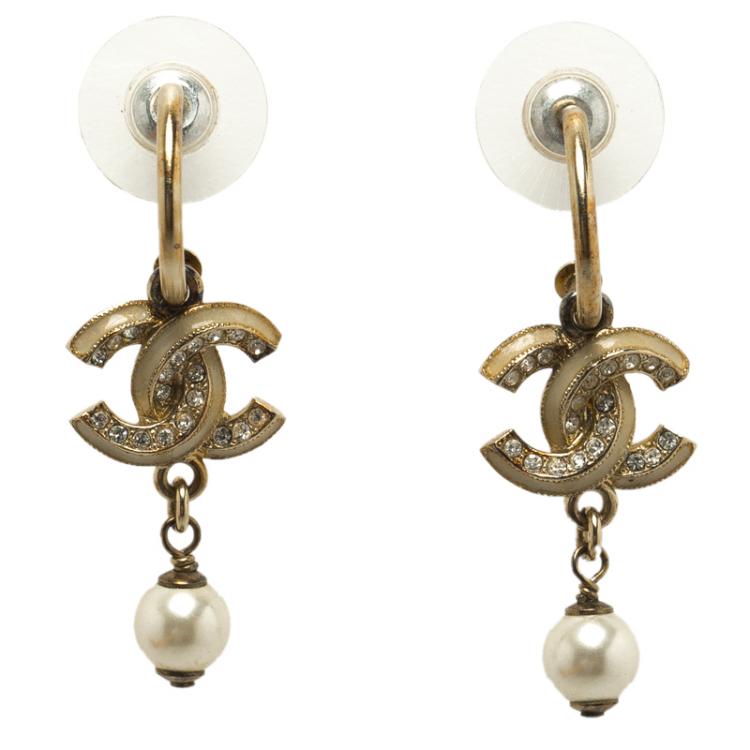 Chanel CC Faux Pearl & Crystal Gold Tone Drop Earrings Chanel | The Luxury  Closet