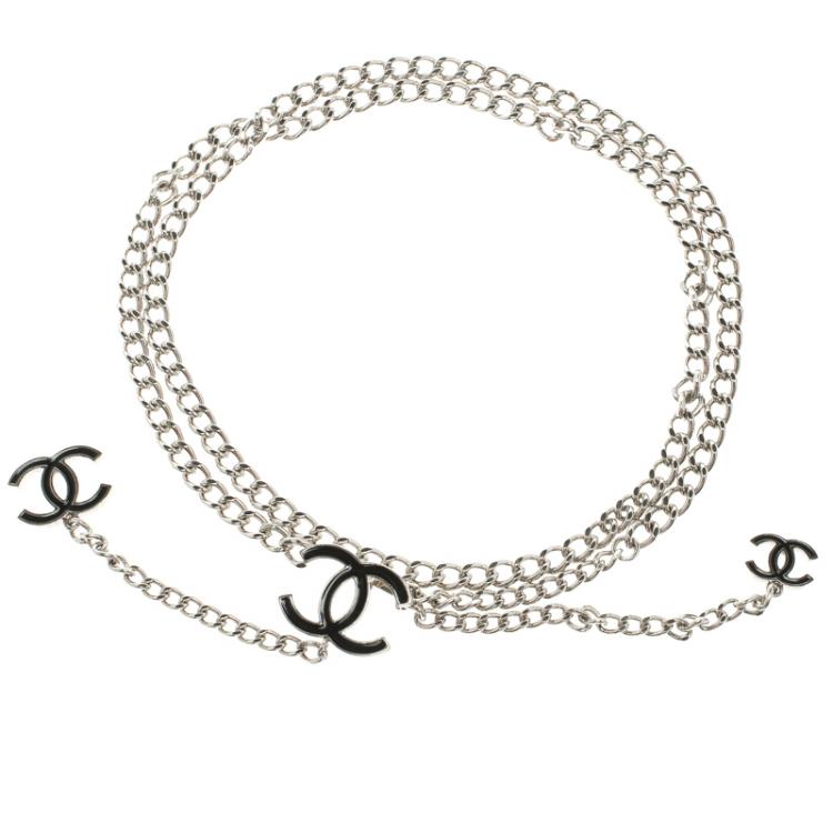 Chanel 00V Silver Chain Belt w Black Enamel CC at 1stDibs  silver chanel  chain belt, silver chanel belt, chanel silver belt