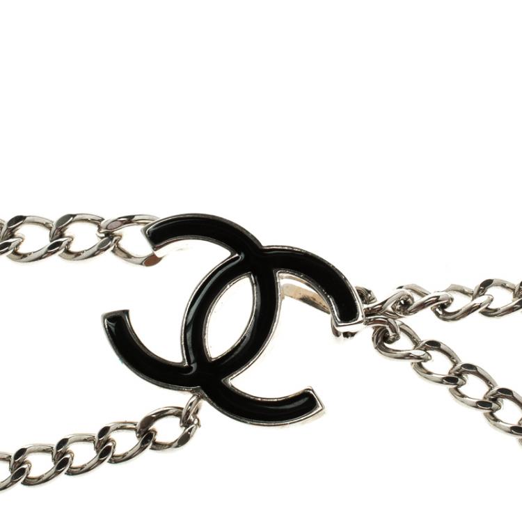 Pre Owned Chanel Black Enamel CC Silver Tone Chain Belt