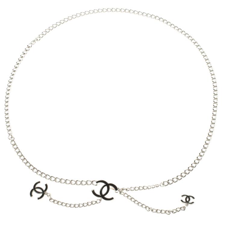 Pre Owned Chanel Black Enamel CC Silver Tone Chain Belt