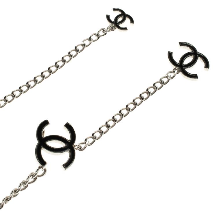 Pre Owned Chanel Black Enamel CC Silver Tone Chain Belt