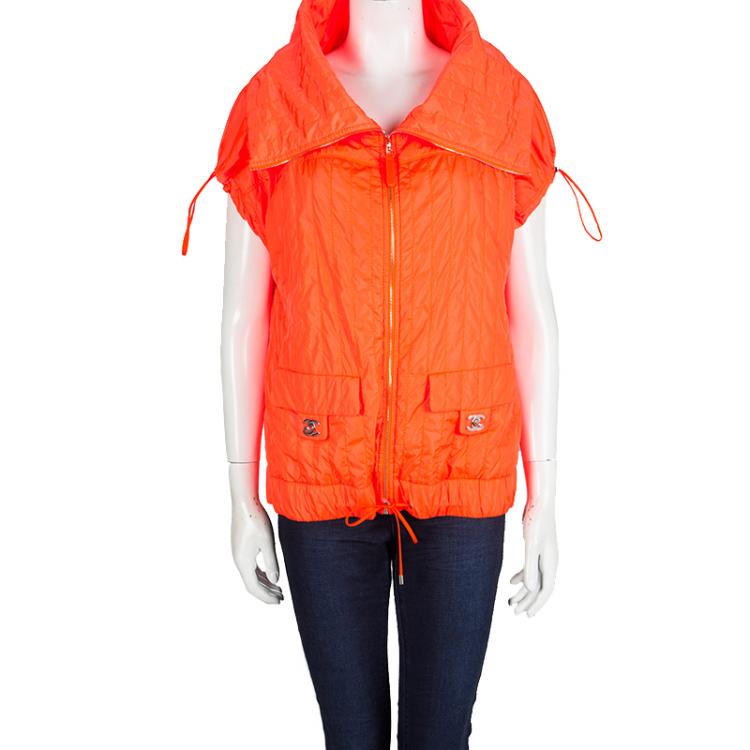 Chanel Neon Orange Quilted Short Sleeve Zip Front Jacket L Chanel