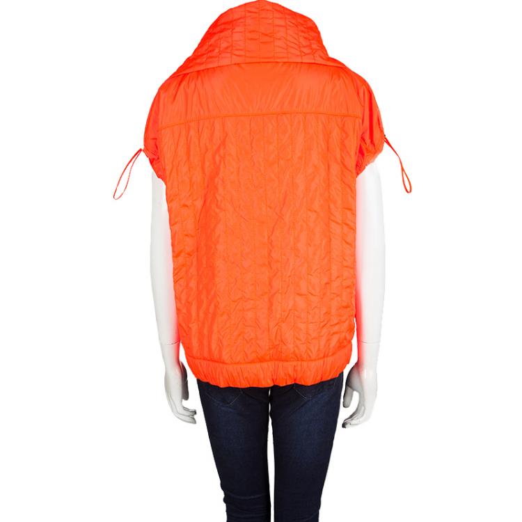 مملوكة مسبقًا Chanel Neon Orange Quilted Short Sleeve Zip Front Jacket L