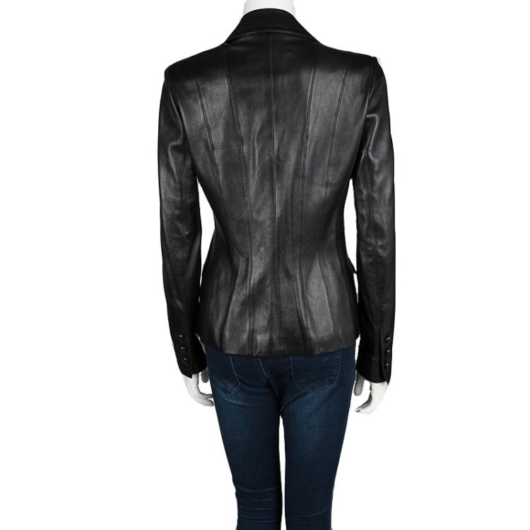 Pre Owned Chanel Black Lambskin Leather Button Front Jacket M