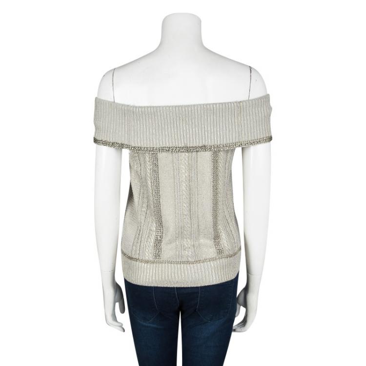 Pre Owned Chanel Grey Metallic Knit Chain Detail off Shoulder Top M