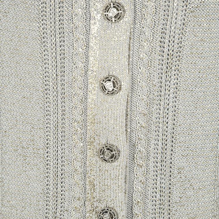 Pre Owned Chanel Grey Metallic Knit Chain Detail off Shoulder Top M