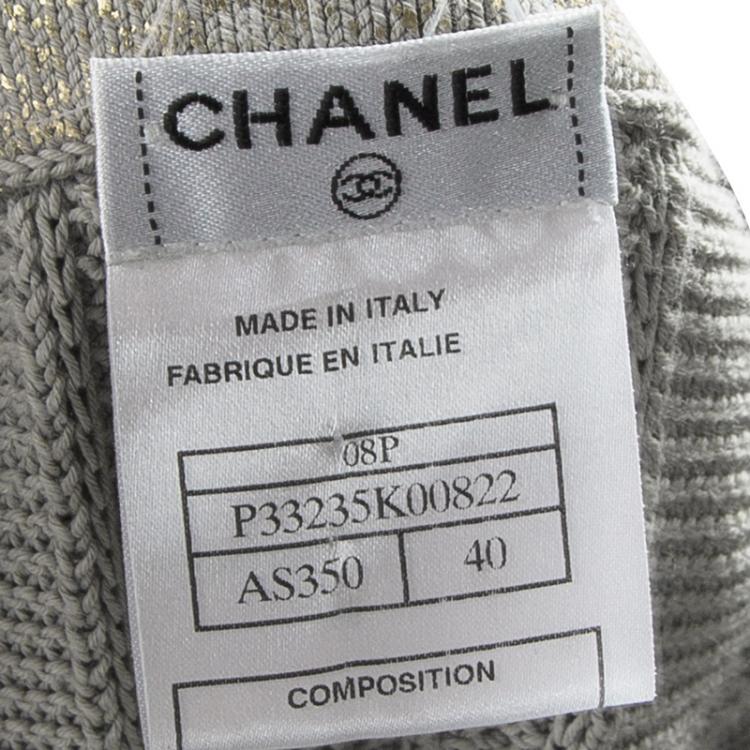 Pre Owned Chanel Grey Metallic Knit Chain Detail off Shoulder Top M