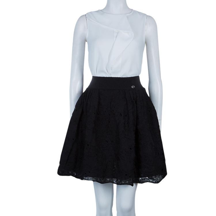 Pre Owned Chanel Black Knit Lace Overlay Bouffant Skirt M
