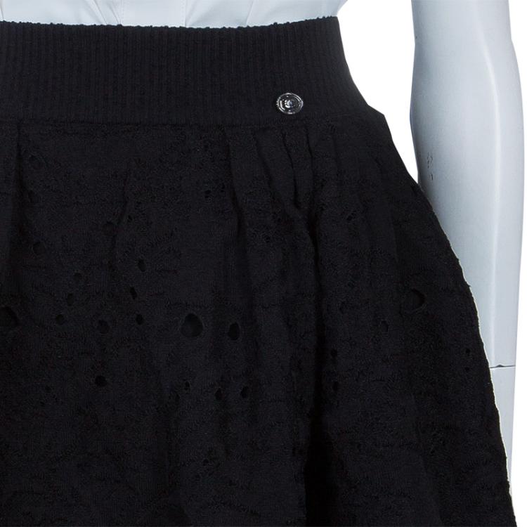 Pre Owned Chanel Black Knit Lace Overlay Bouffant Skirt M