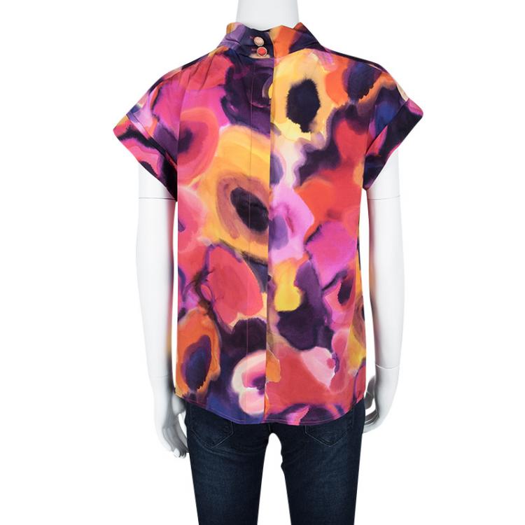 Pre Owned Chanel SS'15 Multicolor Watercolor Printed Cotton Short Sleeve Blouse M