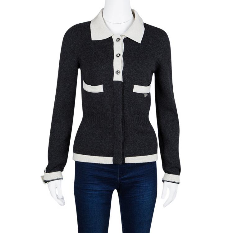 Pre Owned Chanel Grey Cashmere Contrast Trim Collared Cardigan S