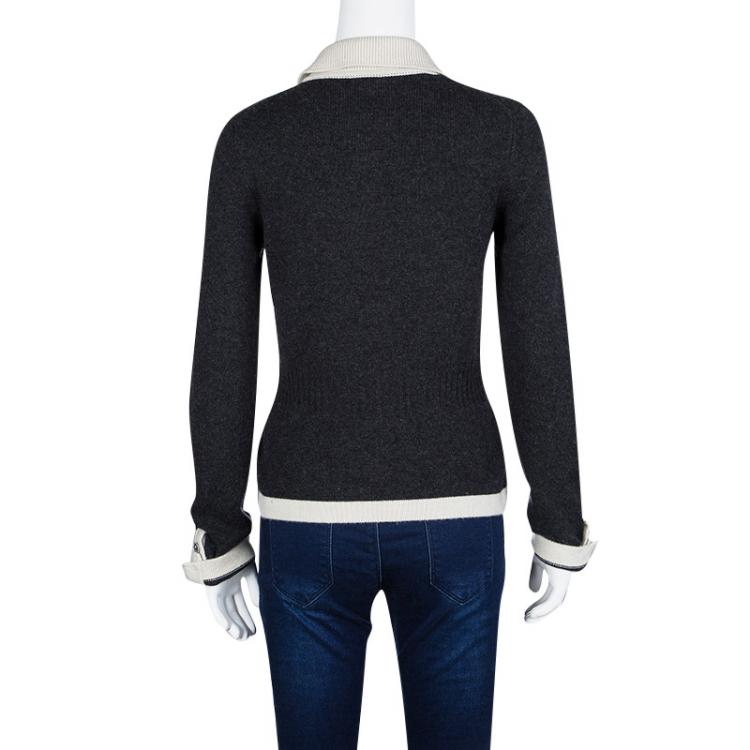 Pre Owned Chanel Grey Cashmere Contrast Trim Collared Cardigan S