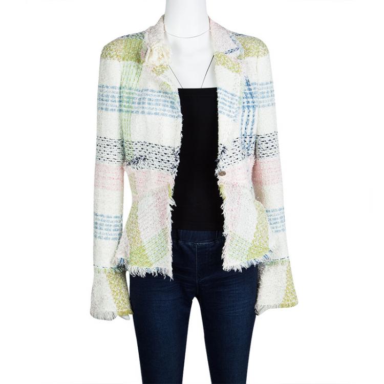 Pre Owned Chanel Multicolour Checked Tweed Floral Brooch Detail Blazer M