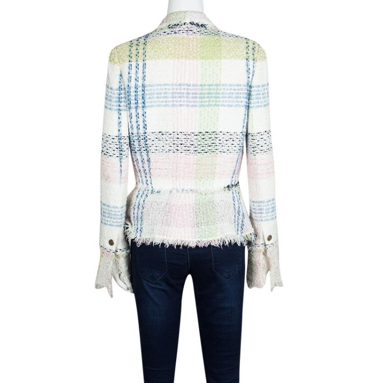 Pre Owned Chanel Multicolour Checked Tweed Floral Brooch Detail Blazer M