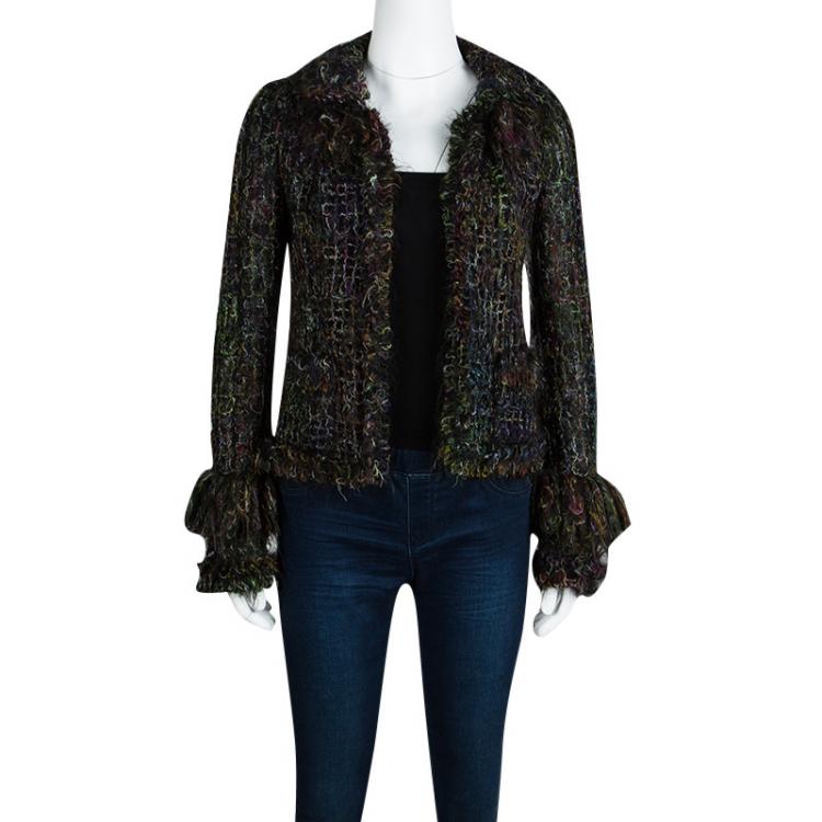 Pre Owned Chanel Multicolor Textured Wool Fringed Collar and Cuff Jacket S
