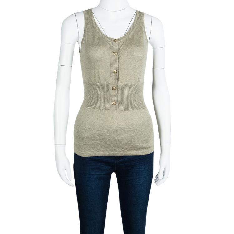 Pre Owned Chanel Grey Lurex Knit Rib Trim Sleeveless Top M