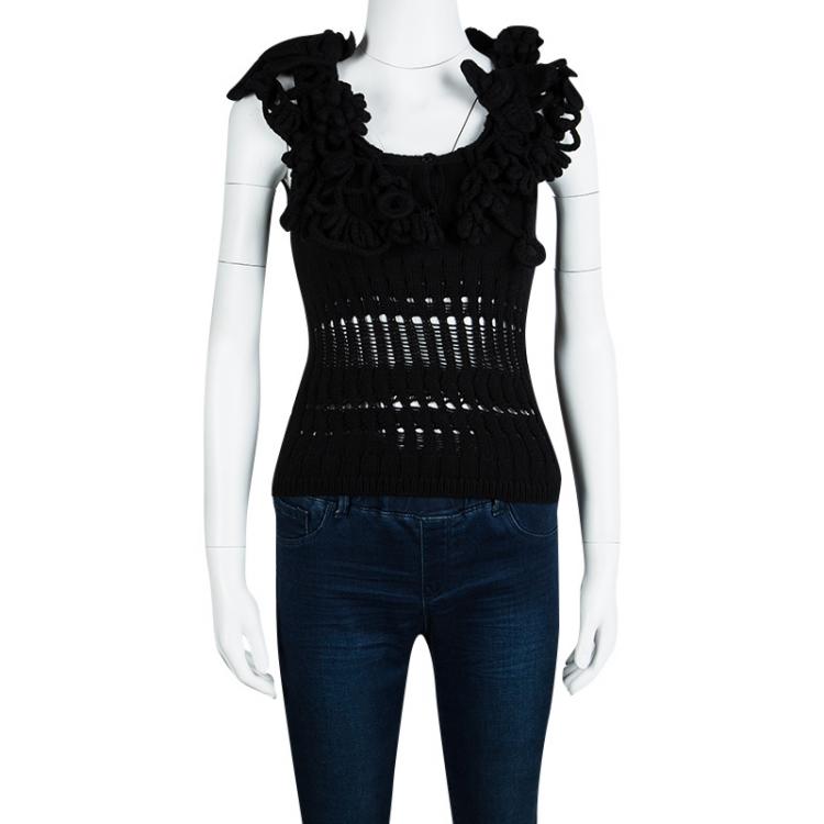 Pre Owned Chanel Black Perforated Wool Chunky Crochet Trim Sleeveless Top S