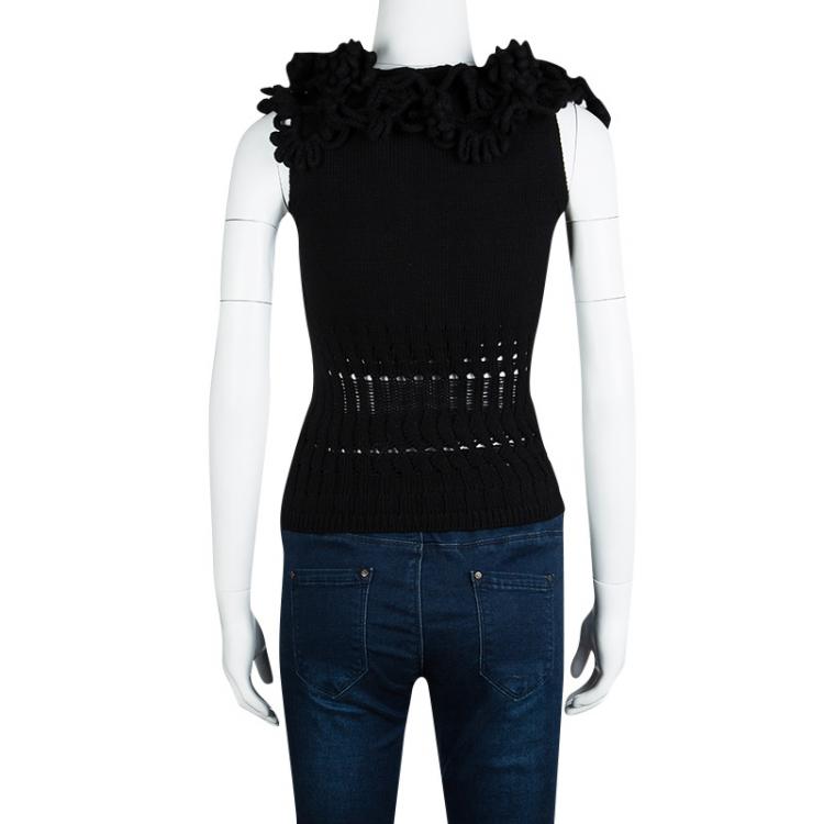 Pre Owned Chanel Black Perforated Wool Chunky Crochet Trim Sleeveless Top S