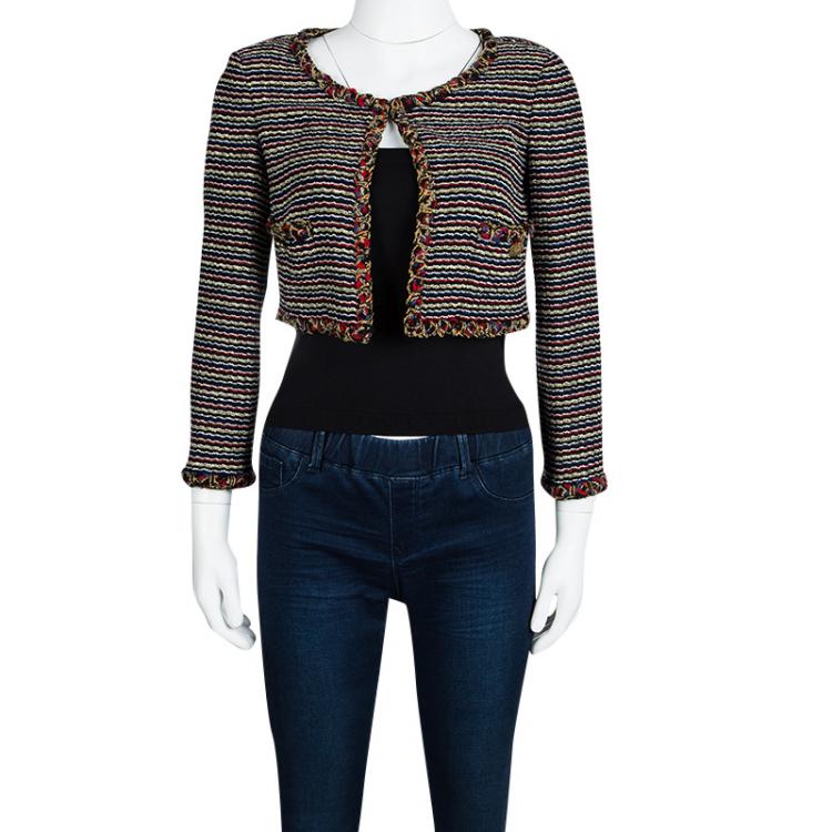 Pre Owned Chanel Multicolour Textured Open Front Cropped Boucle Jacket S