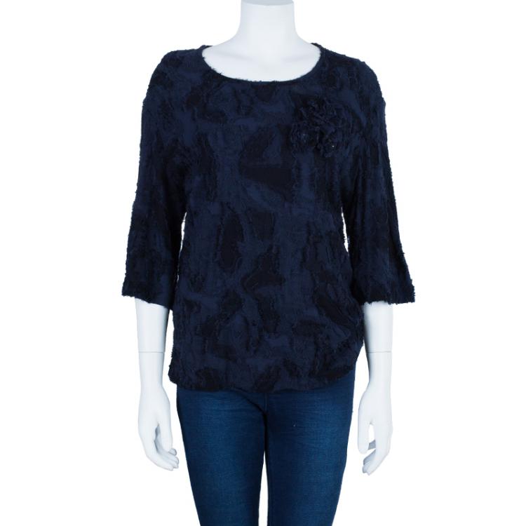 Pre Owned Chanel Navy Textured Camellia Top XL