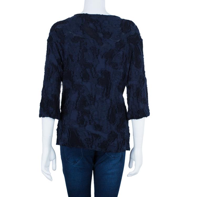 Pre Owned Chanel Navy Textured Camellia Top XL