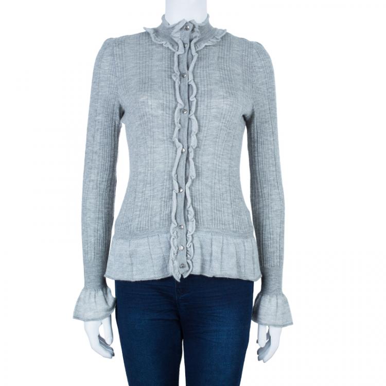Pre Owned Chanel Gray Ruffled Cardigan M
