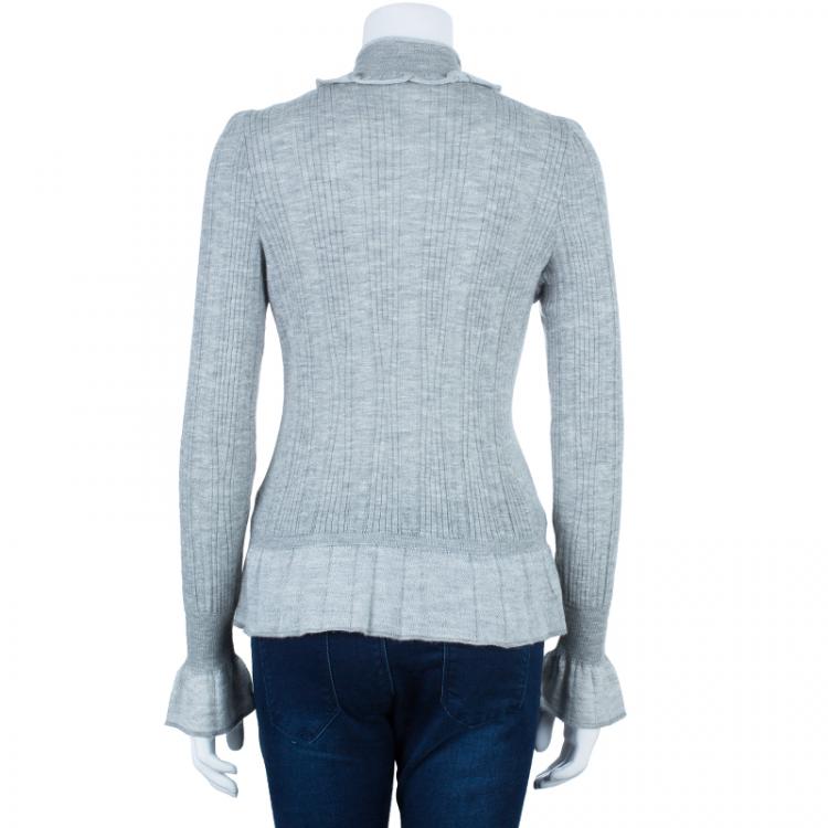 Pre Owned Chanel Gray Ruffled Cardigan M
