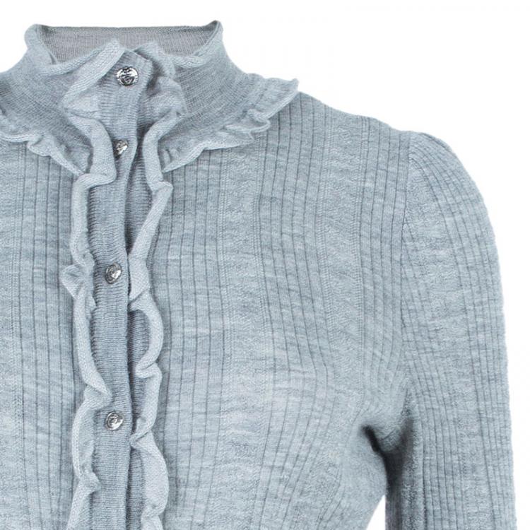 Pre Owned Chanel Gray Ruffled Cardigan M