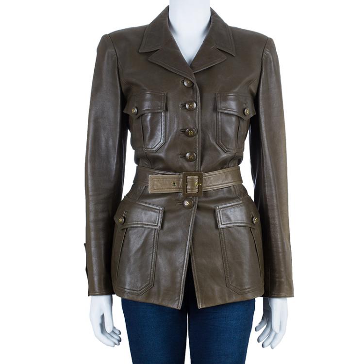 Chanel Brown Millitary Leather Jacket L Chanel