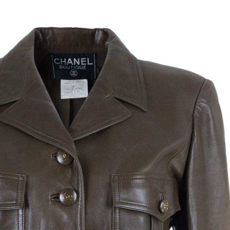 Pre Owned Chanel Brown Millitary Leather Jacket L