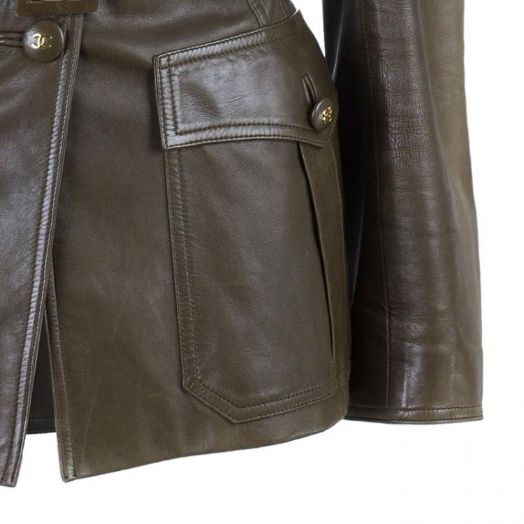 Pre Owned Chanel Brown Millitary Leather Jacket L