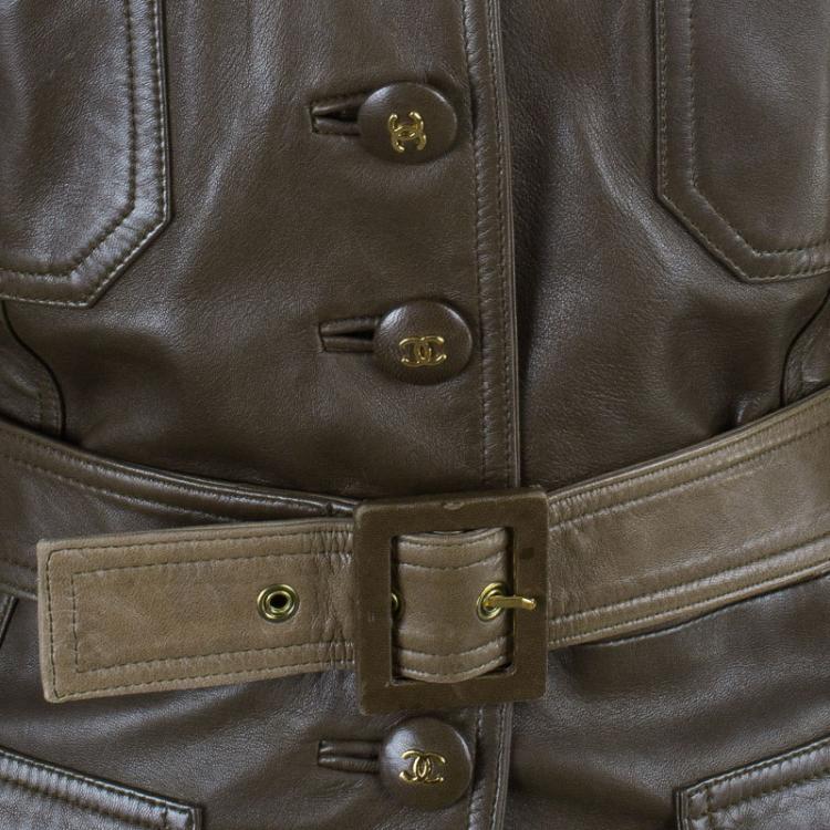 Pre Owned Chanel Brown Millitary Leather Jacket L