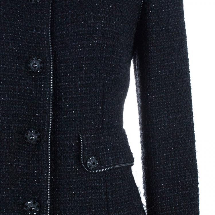 Pre Owned Chanel Black Boucle Zip Detail Jacket L