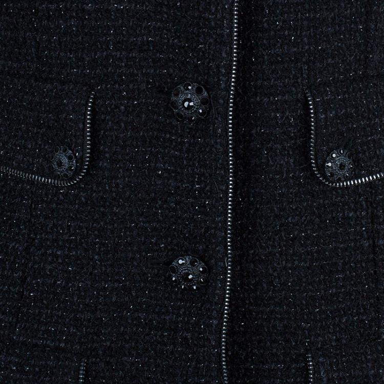 Pre Owned Chanel Black Boucle Zip Detail Jacket L