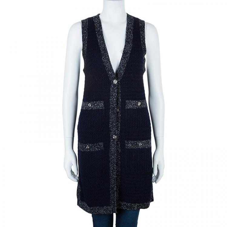 Pre Owned Chanel Navy Contrast Trim Sleeveless Cardigan S
