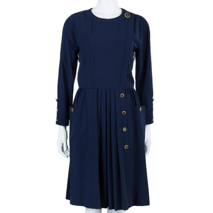 Pre Owned Chanel Navy Tweed Midi Dress L