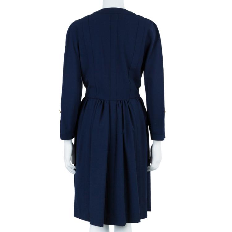 Pre Owned Chanel Navy Tweed Midi Dress L