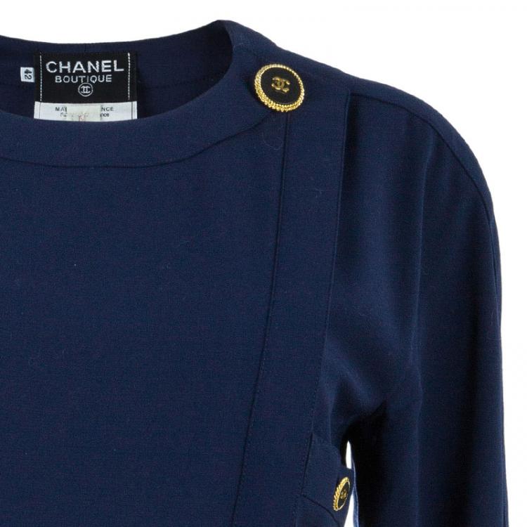 Pre Owned Chanel Navy Tweed Midi Dress L