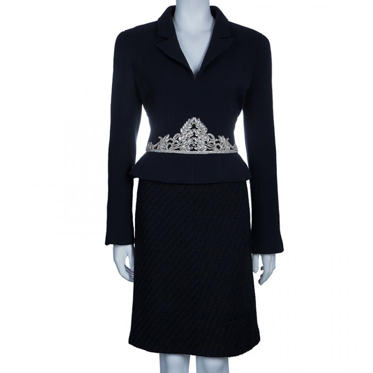 Chanel Midnight Blue Embellished Top And Tweed Skirt Set L Chanel