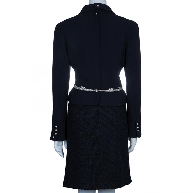 Pre Owned Chanel Midnight Blue Embellished Top And Tweed Skirt Set L