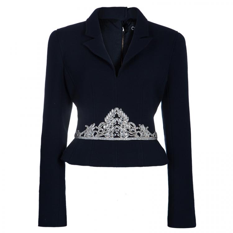 Pre Owned Chanel Midnight Blue Embellished Top And Tweed Skirt Set L