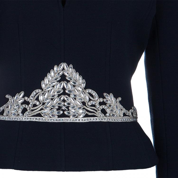 Pre Owned Chanel Midnight Blue Embellished Top And Tweed Skirt Set L