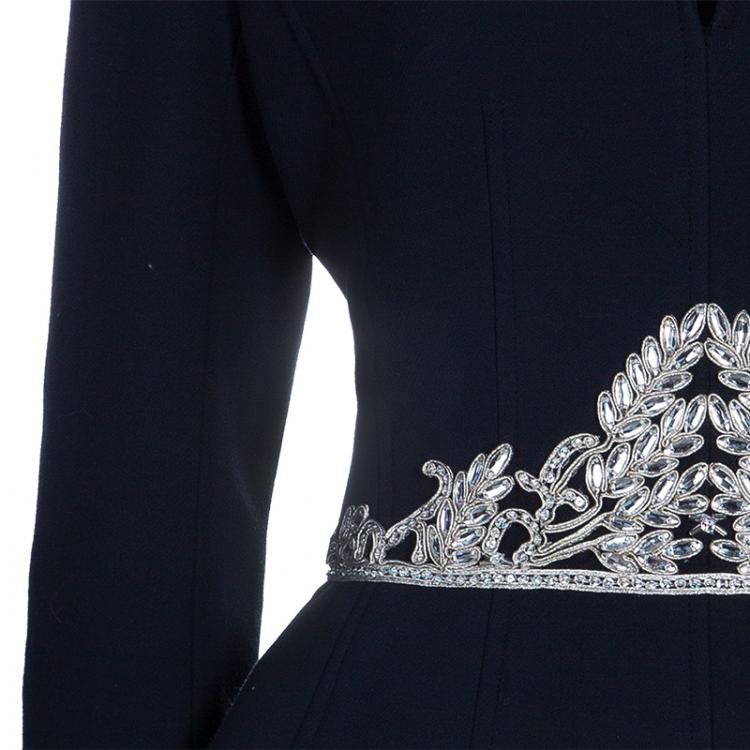 Pre Owned Chanel Midnight Blue Embellished Top And Tweed Skirt Set L