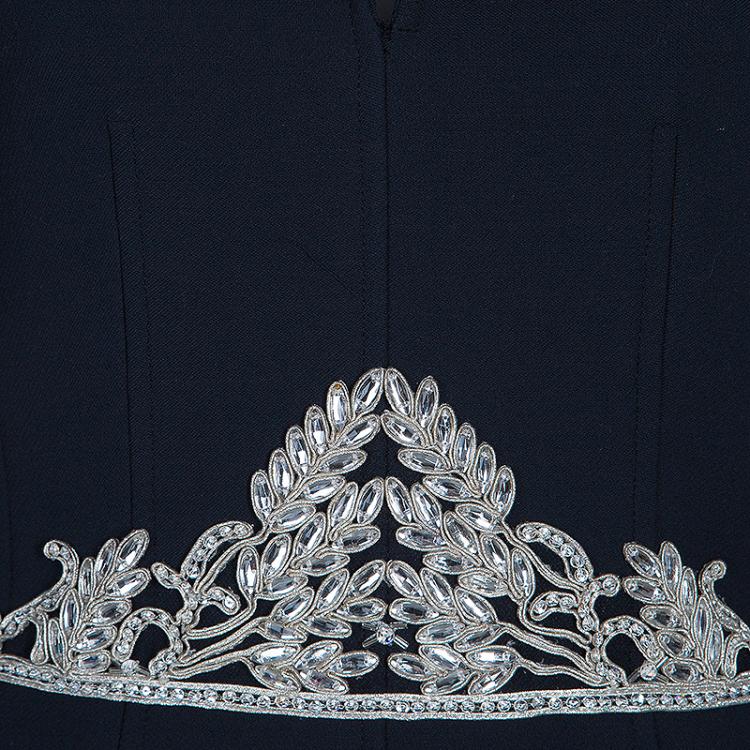 Pre Owned Chanel Midnight Blue Embellished Top And Tweed Skirt Set L