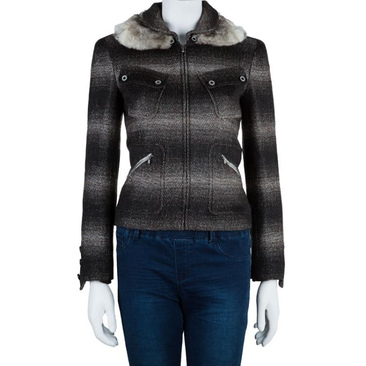 Pre Owned Chanel Wool Plaid Fur Collar Jacket M