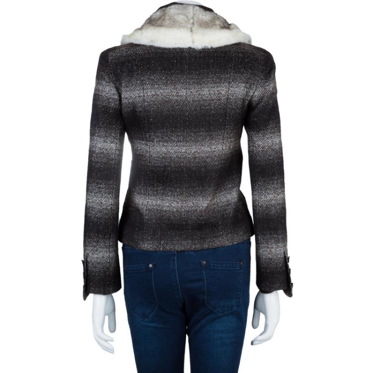 Pre Owned Chanel Wool Plaid Fur Collar Jacket M